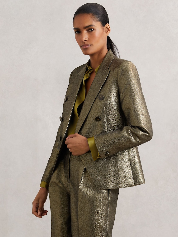 Reiss Gold Sienna Petite Double-Breasted Metallic Suit Blazer with Cotton - Image 1 of 7 Reiss Gold Sienna Petite Double-Breasted Metallic Suit Blazer with Cotton - Image 1 of 7