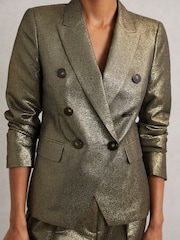 Reiss Gold Sienna Petite Double-Breasted Metallic Suit Blazer with Cotton - Image 4 of 7