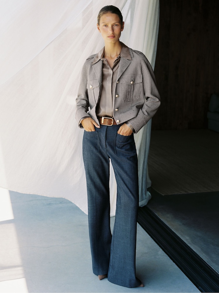 Reiss Blue Uma Flannel Patch-Pocket Flared Trousers with Wool - Image 1 of 7