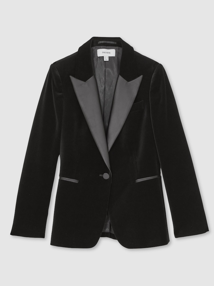 Reiss Black Myrtle Petite Velvet Single Breasted Suit Blazer - Image 2 of 7 Reiss Black Myrtle Petite Velvet Single Breasted Suit Blazer - Image 2 of 7