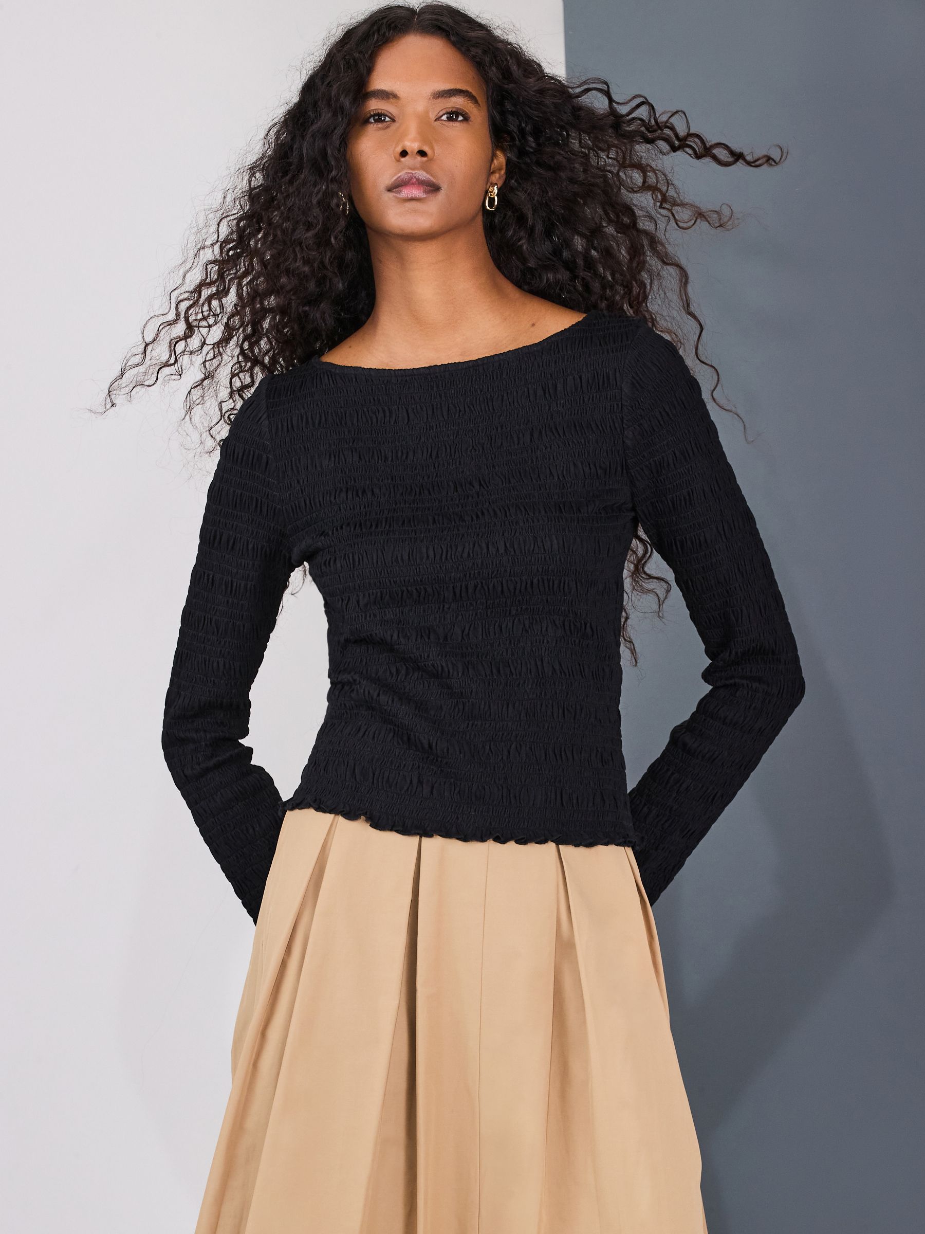 Buy Black Shirred Long Sleeve Slash Neck Top from Next USA