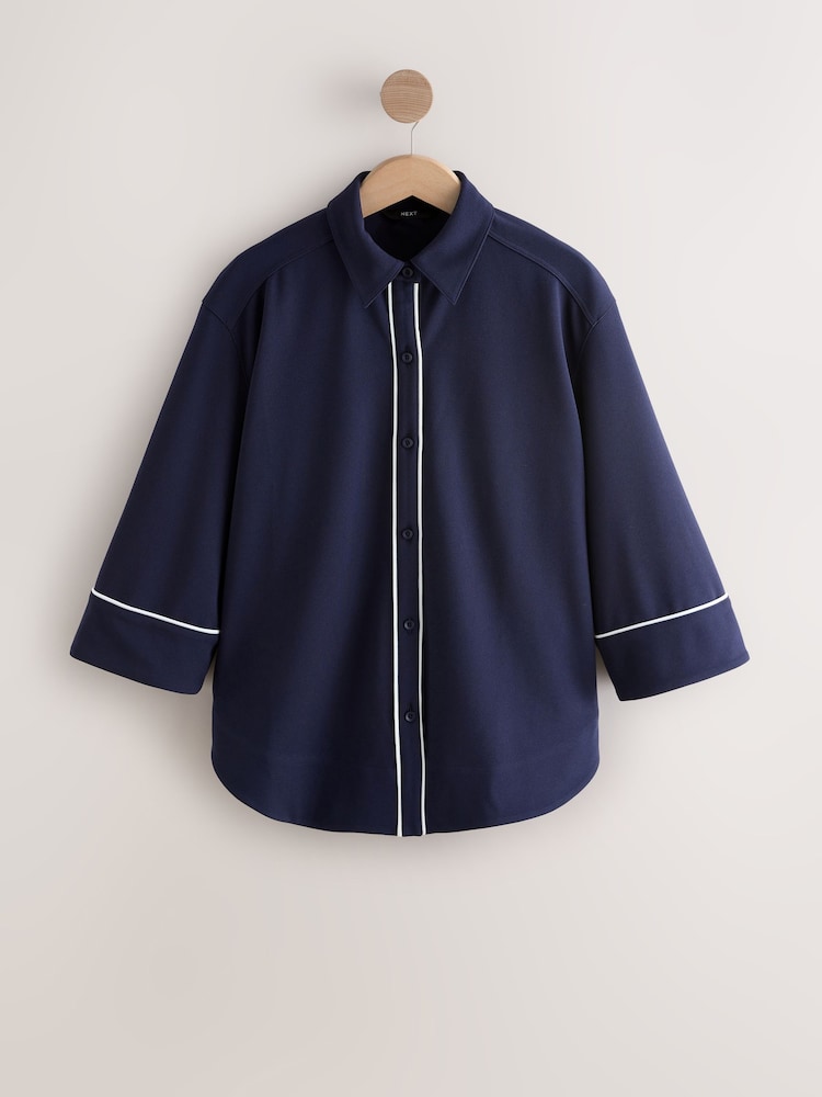 Navy Tipped Long Sleeve Polo Button Through Top - Image 1 of 3 Navy Tipped Long Sleeve Polo Button Through Top - Image 1 of 3