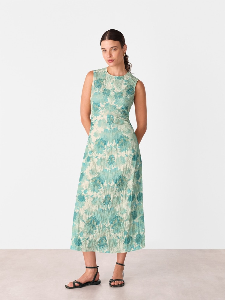 Whistles Green Floral Print Textured Midi Dress - Image 1 of 5