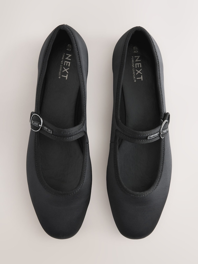 Black Satin Forever Comfort Round Toe Buckle Detail Mary Jane Shoes - Image 1 of 11