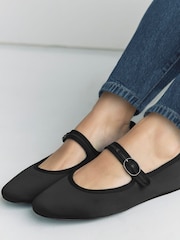 Black Satin Forever Comfort Round Toe Buckle Detail Mary Jane Shoes - Image 4 of 11