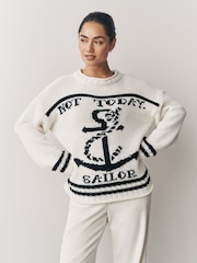 White/Blue Knitted Sailor Slogan Jumper - Image 1 of 8