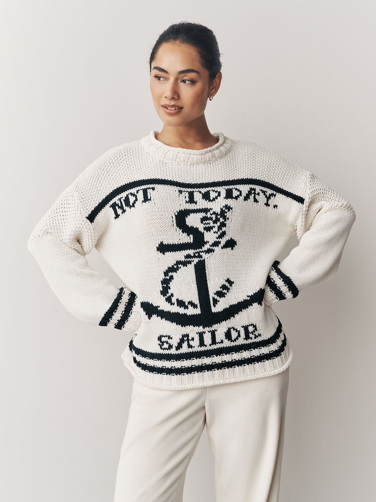 White/Blue Knitted Sailor Slogan Jumper - Image 1 of 8