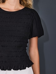 Black Shirred Short Sleeve Crew Neck Top - Image 4 of 8