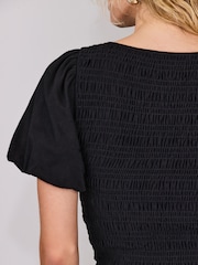 Black Shirred Short Sleeve Crew Neck Top - Image 5 of 8