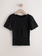 Black Shirred Short Sleeve Crew Neck Top - Image 6 of 8