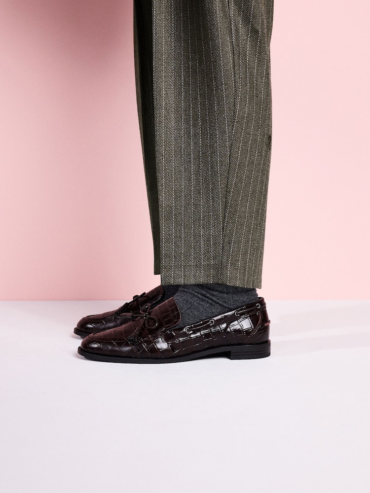 Chocolate Brown Croc Embossed Tabitha Simmons x Next Urban Leather Bow Loafers - Image 1 of 7 Chocolate Brown Croc Embossed Tabitha Simmons x Next Urban Leather Bow Loafers - Image 1 of 7