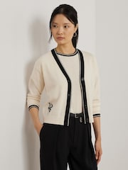 Lauren Ralph Lauren Cream Two Tone Cotton Blend Cardigan - Image 4 of 8