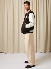 Reiss Brown/White Miller Monogram Leather-Sleeve Varsity Jacket - Image 1 of 7