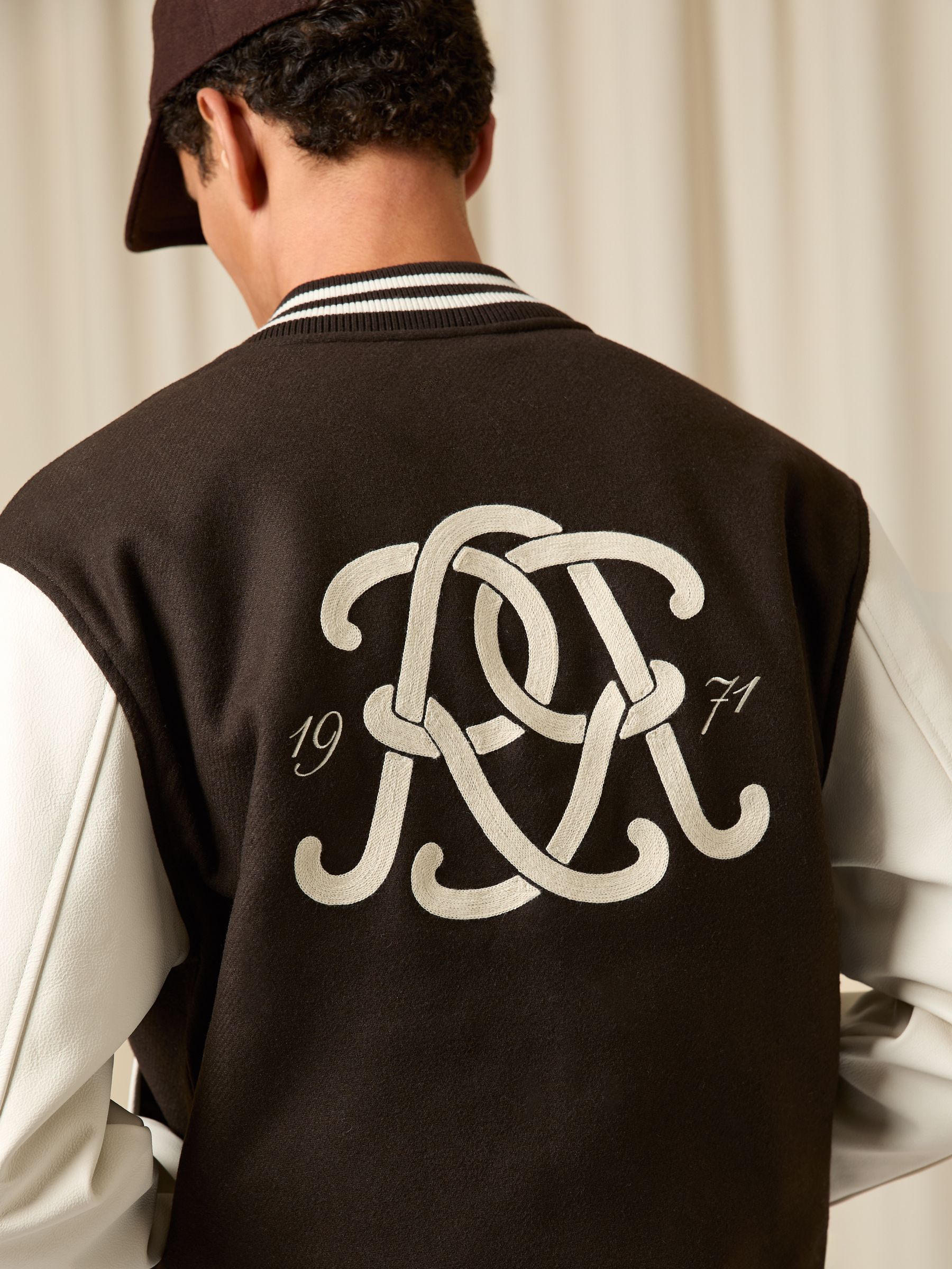 Buy Reiss Brown/White Miller Monogram Relaxed Varsity Jacket from