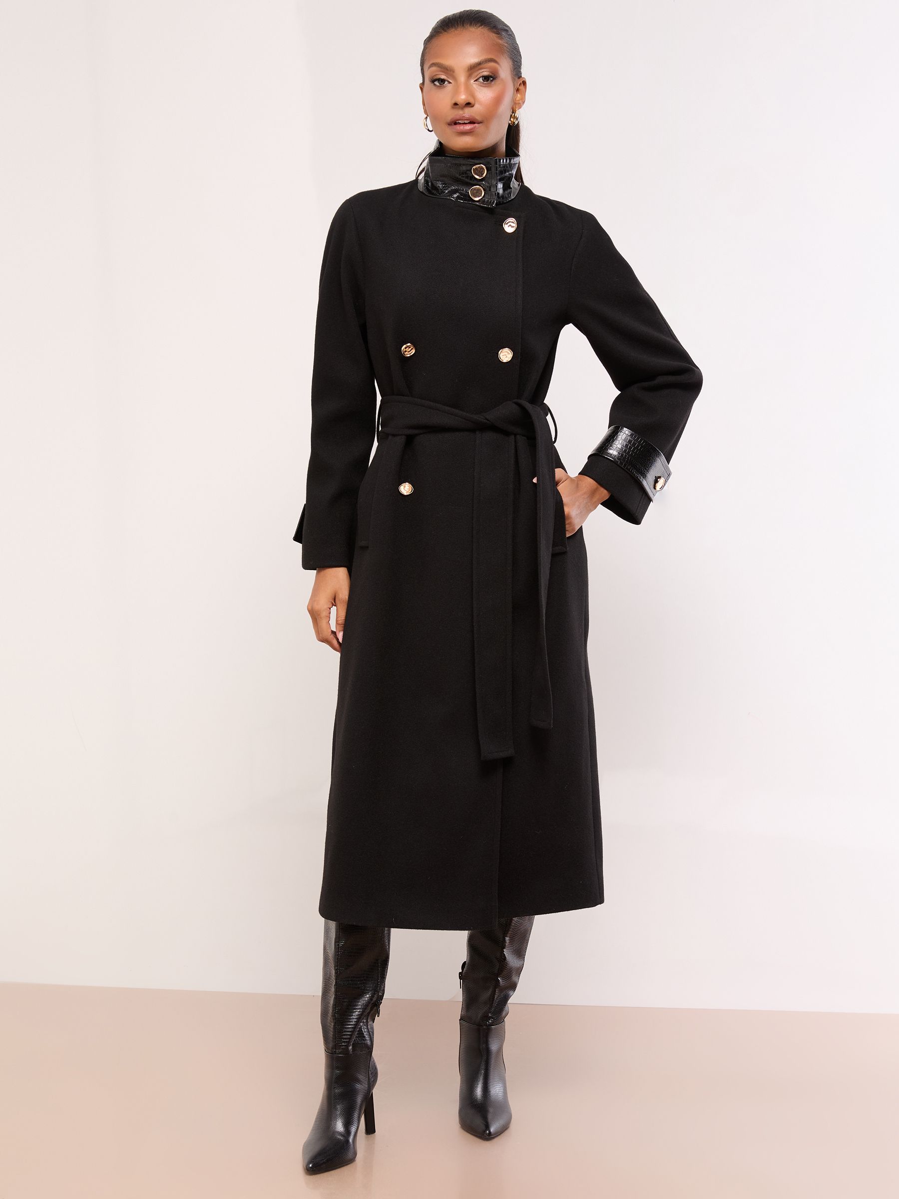 Buy Lipsy Black Croc Effect Funnel Neck Belted Longline Coat from