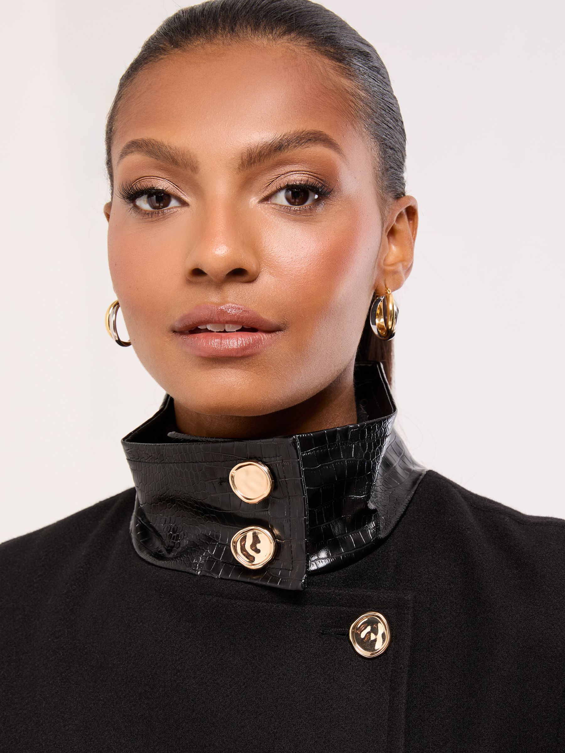 Buy Lipsy Black Croc Effect Funnel Neck Belted Longline Coat from