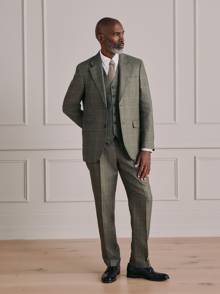 绿色 - Signature Tailored Fit Moons British Merino Wool Linen Blend Suit Jacket - 12的图像2｝