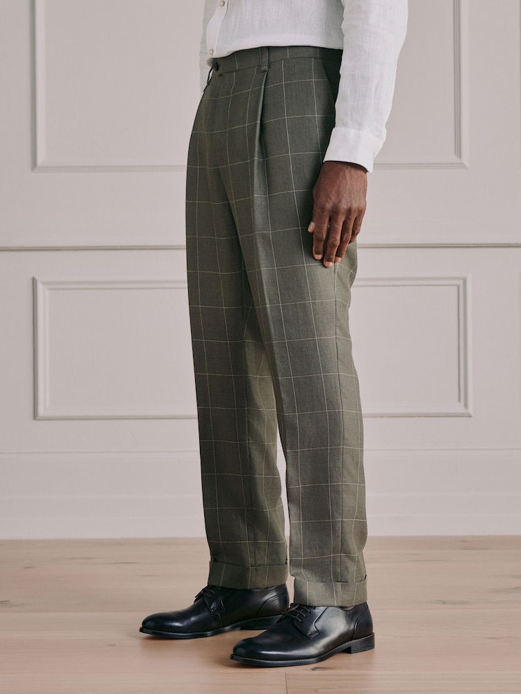 绿色 - Moons 经典修身款英国美利奴羊毛亚麻布混纺套装裤子 - 10的图像1｝