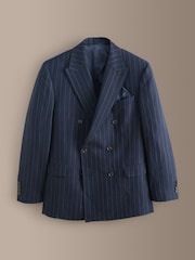 Navy Tailored Fit Double Breasted Signature Leomaster Italian Wool Linen Stripe Suit Jacket - Image 1 of 6