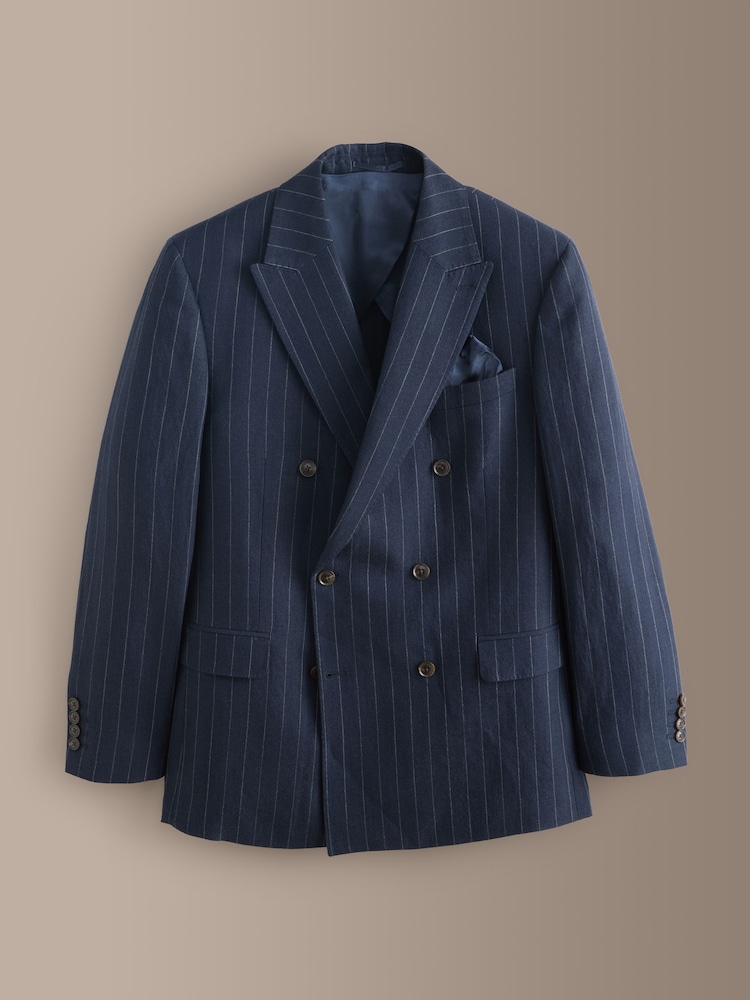 Navy Tailored Fit Double Breasted Signature Leomaster Italian Wool Linen Stripe Suit Jacket - Image 1 of 6