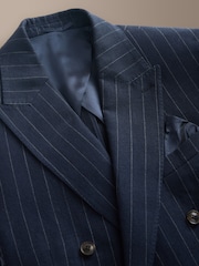 Navy Tailored Fit Double Breasted Signature Leomaster Italian Wool Linen Stripe Suit Jacket - Image 2 of 6
