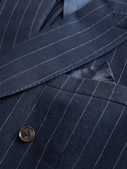 Navy Tailored Fit Double Breasted Signature Leomaster Italian Wool Linen Stripe Suit Jacket - Image 4 of 6
