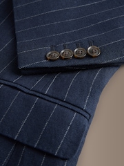Navy Tailored Fit Double Breasted Signature Leomaster Italian Wool Linen Stripe Suit Jacket - Image 5 of 6