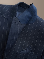Navy Tailored Fit Double Breasted Signature Leomaster Italian Wool Linen Stripe Suit Jacket - Image 7 of 8