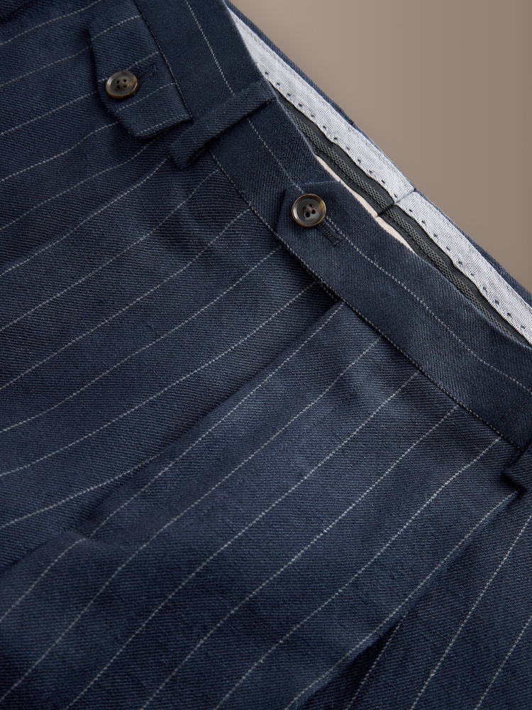 Navy Tailored Fit Signature Leomaster Italian Wool Linen Stripe Suit Trousers - Image 8 of 8