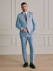 Blue Slim Fit Signature Italian Linen Suit Jacket - Image 4 of 13