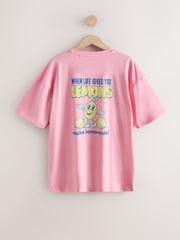 粉红色 - 棉质印花宽松T恤 - 9的图像7｝