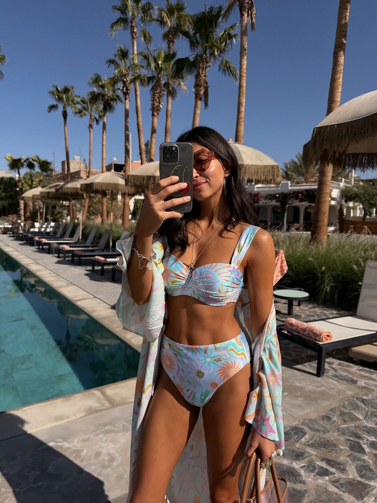 Never Fully Dressed Blue Starburst Padded Underwired Shirred Bandeau Bikini Top - Image 5 of 5