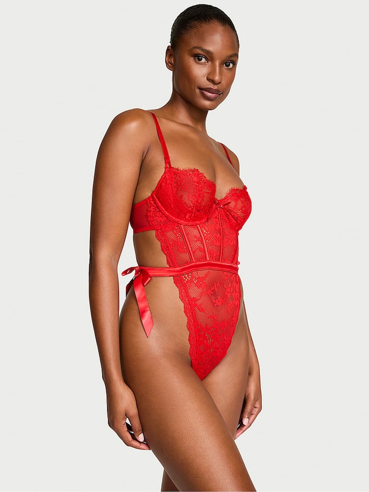 Victoria's Secret Bright Vermillion Red Unlined Lace Balcony Bodysuit - Image 1 of 2 Victoria's Secret Bright Vermillion Red Unlined Lace Balcony Bodysuit - Image 1 of 2
