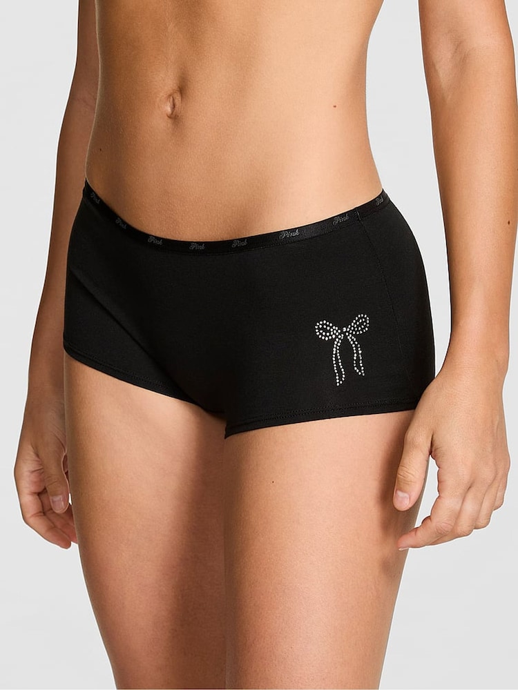 Victoria's Secret PINK Black Diamanate Bow Short Cotton Mini Logo Knickers - Image 1 of 3 Victoria's Secret PINK Black Diamanate Bow Short Cotton Mini Logo Knickers - Image 1 of 3