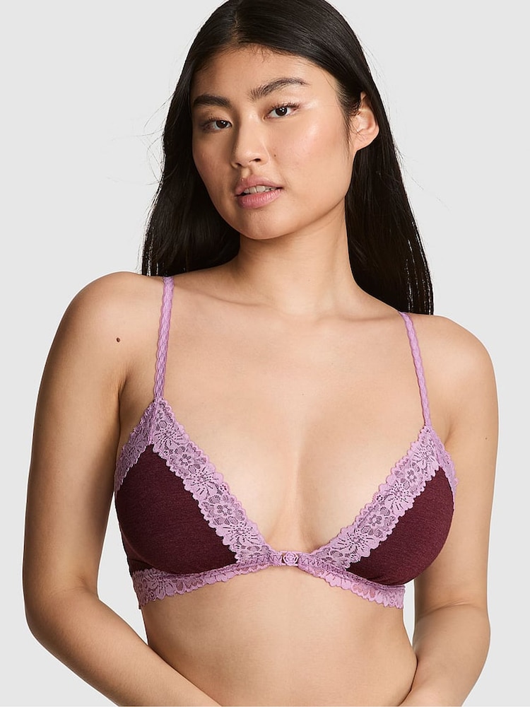 Victoria's Secret PINK Burgandy Red Front Close Cotton Heather Lace Trim Bra - Image 1 of 2