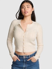Victoria's Secret PINK Natural Heather White Ribbed Cardigan - Image 1 of 2