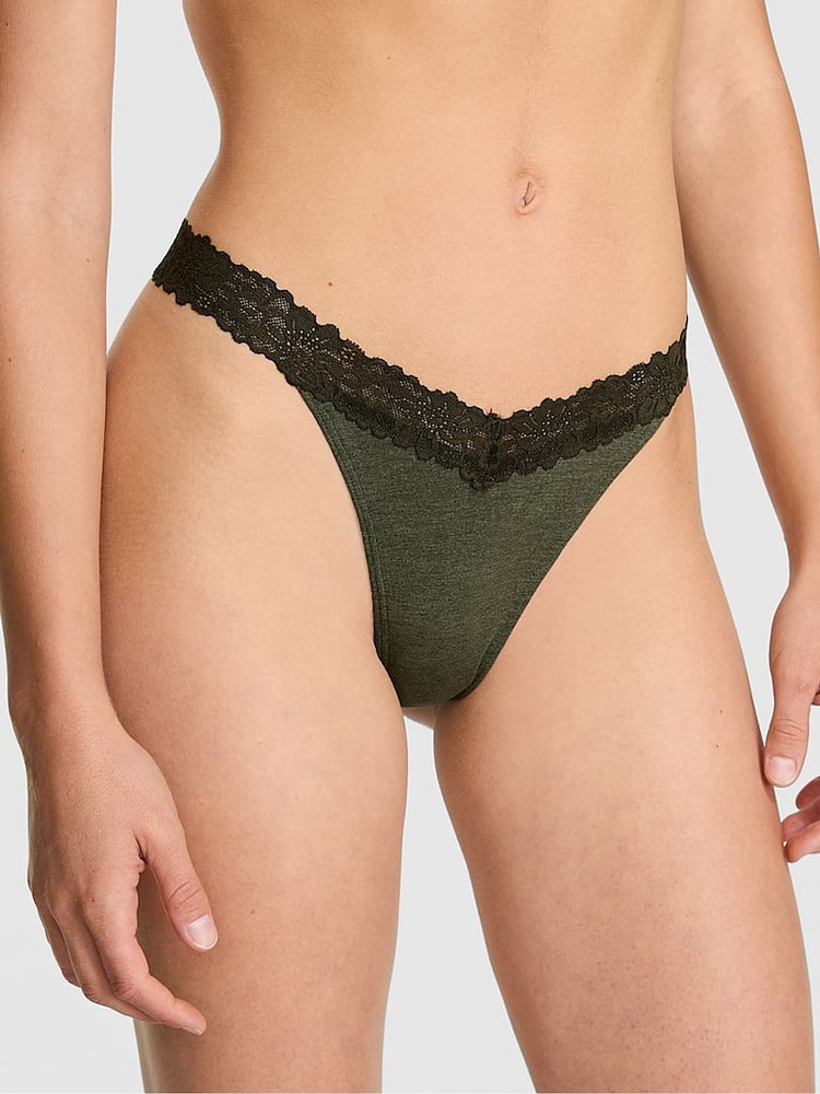 Victoria's Secret PINK Forest Green Thong Cotton Heather Lace Trim Knickers - Image 1 of 2