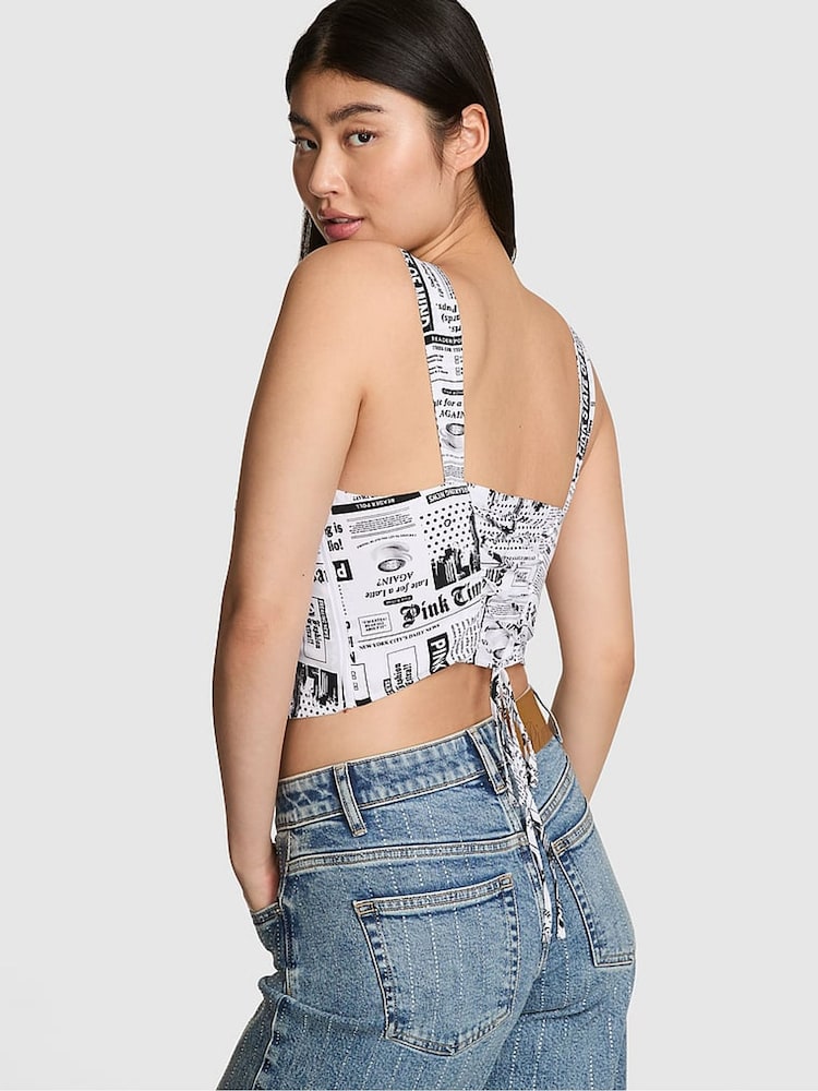 Victoria's Secret Pink Black Newspaper Print Cropped Corset Top - Image 2 of 2