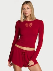 Victoria's Secret Red Lacquer Modal Bow Pyjamas Long Sleeve Top & Shorts Set - Image 1 of 2