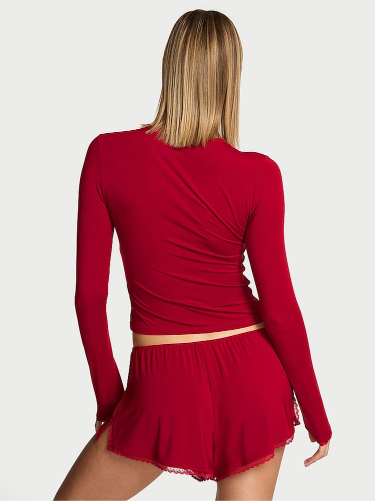 Victoria's Secret Red Lacquer Modal Bow Pyjamas Long Sleeve Top & Shorts Set - Image 2 of 2 Victoria's Secret Red Lacquer Modal Bow Pyjamas Long Sleeve Top & Shorts Set - Image 2 of 2