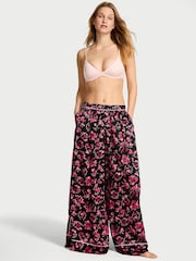 Victoria's Secret Black Floral Print Satin Wide Leg Pyjama Trousers - Image 1 of 2
