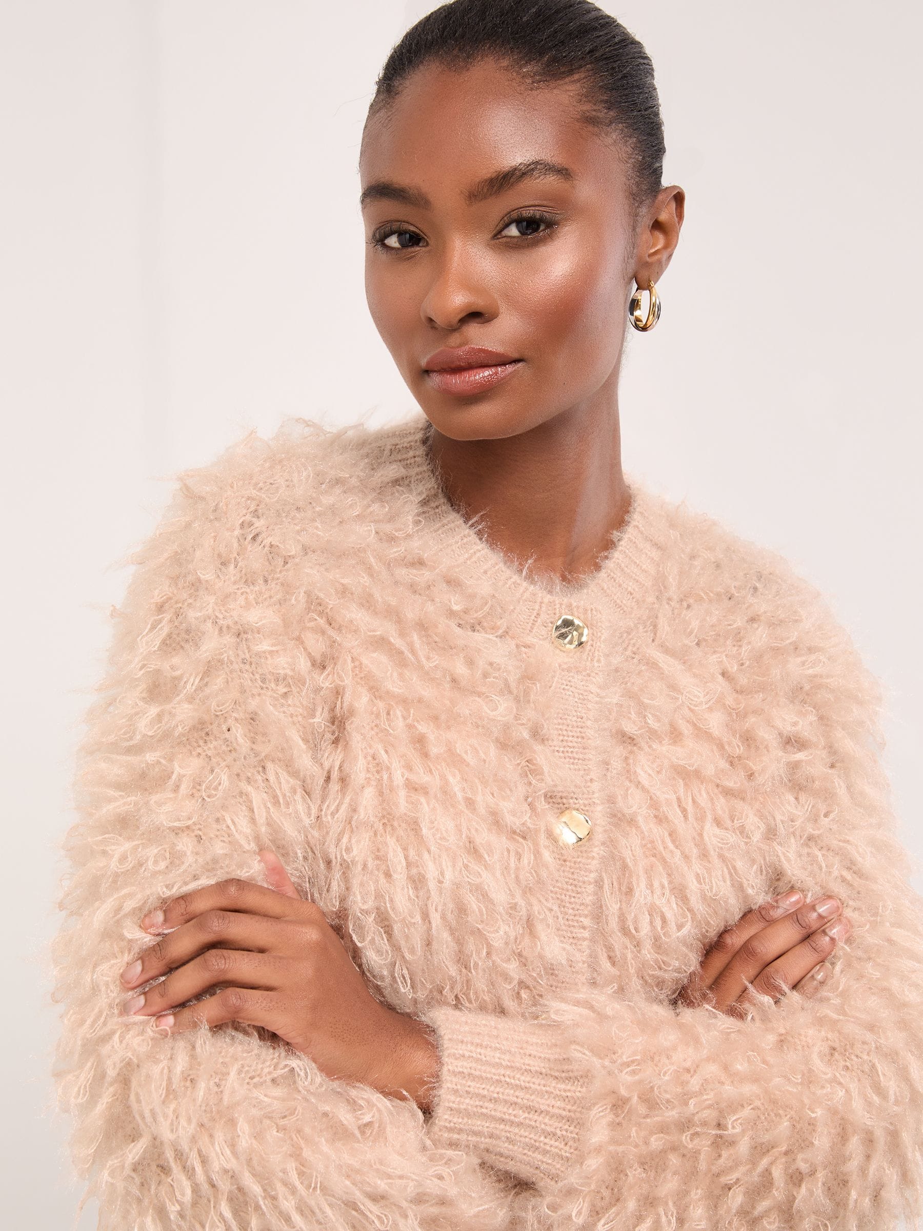 Buy Lipsy Pink Faux Fur Textured Buttoned Knitted Cardigan Jacket