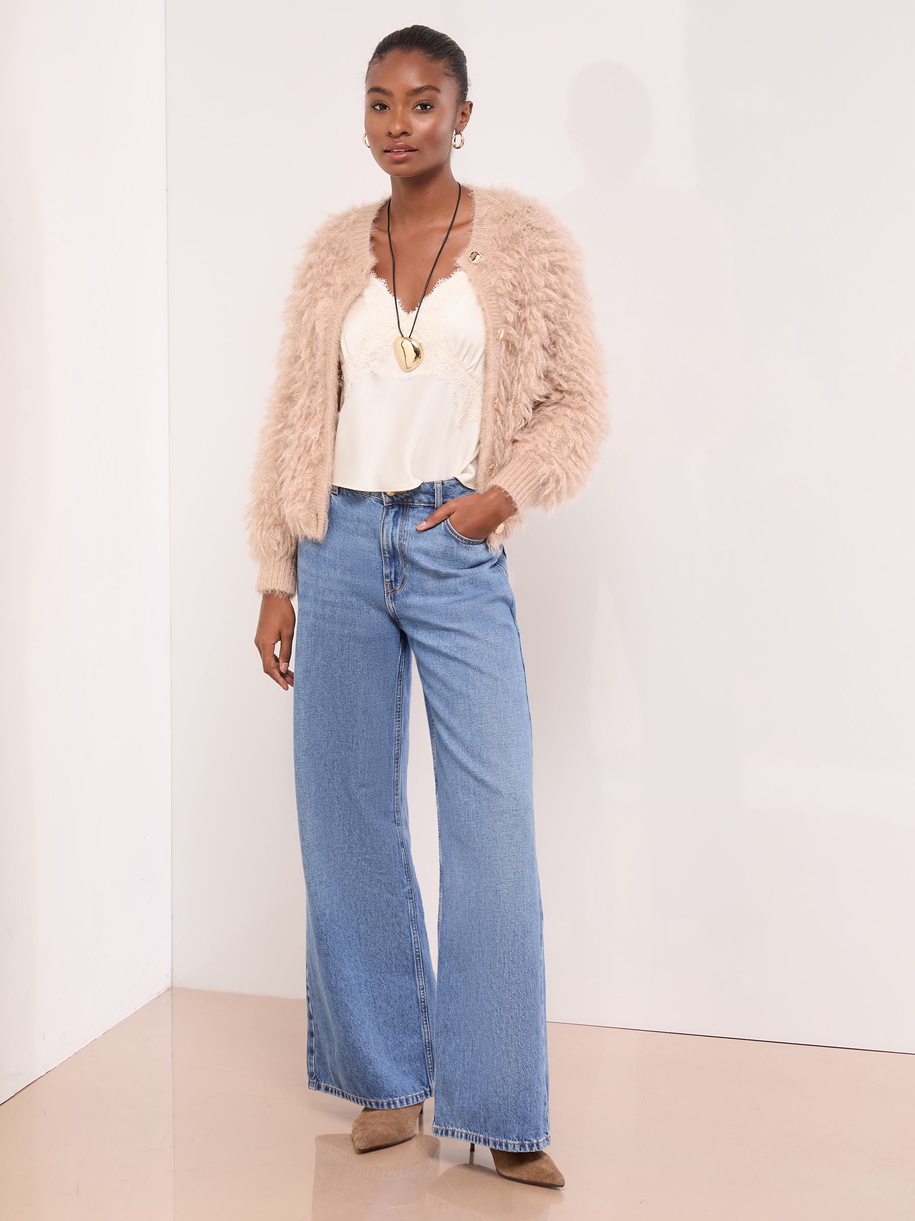 Buy Lipsy Pink Faux Fur Textured Buttoned Knitted Cardigan Jacket
