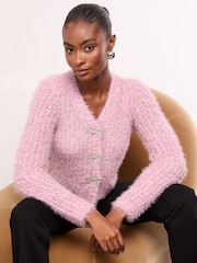 Lipsy Pink V-Neck Textured Tinsel Embellished Bow Buttoned Knit Cardigan - Image 1 of 4