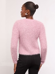 Lipsy Pink V-Neck Textured Tinsel Embellished Bow Buttoned Knit Cardigan - Image 2 of 4