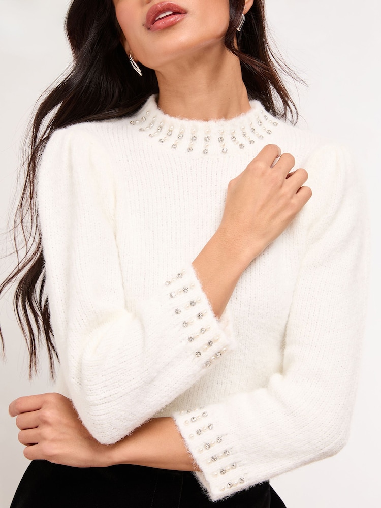 Elfenbein - Lipsy Embellished Neck 3/4 Sleeve Knitted Jumper - Bild 2 von 4