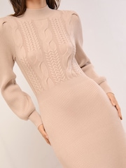 Lipsy Neutral Cable Knitted Blouson Sleeve Turtle Neck Midi Dress - Image 2 of 5