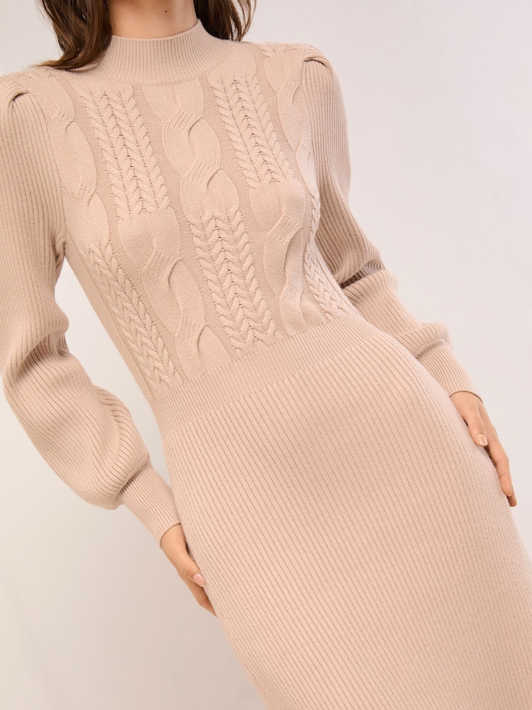 Lipsy Neutral Cable Knitted Blouson Sleeve Turtle Neck Midi Dress - Image 2 of 5