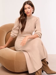 Lipsy Neutral Cable Knitted Blouson Sleeve Turtle Neck Midi Dress - Image 4 of 5