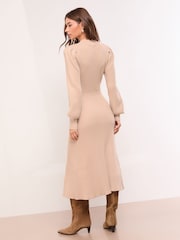 Lipsy Neutral Cable Knitted Blouson Sleeve Turtle Neck Midi Dress - Image 5 of 5